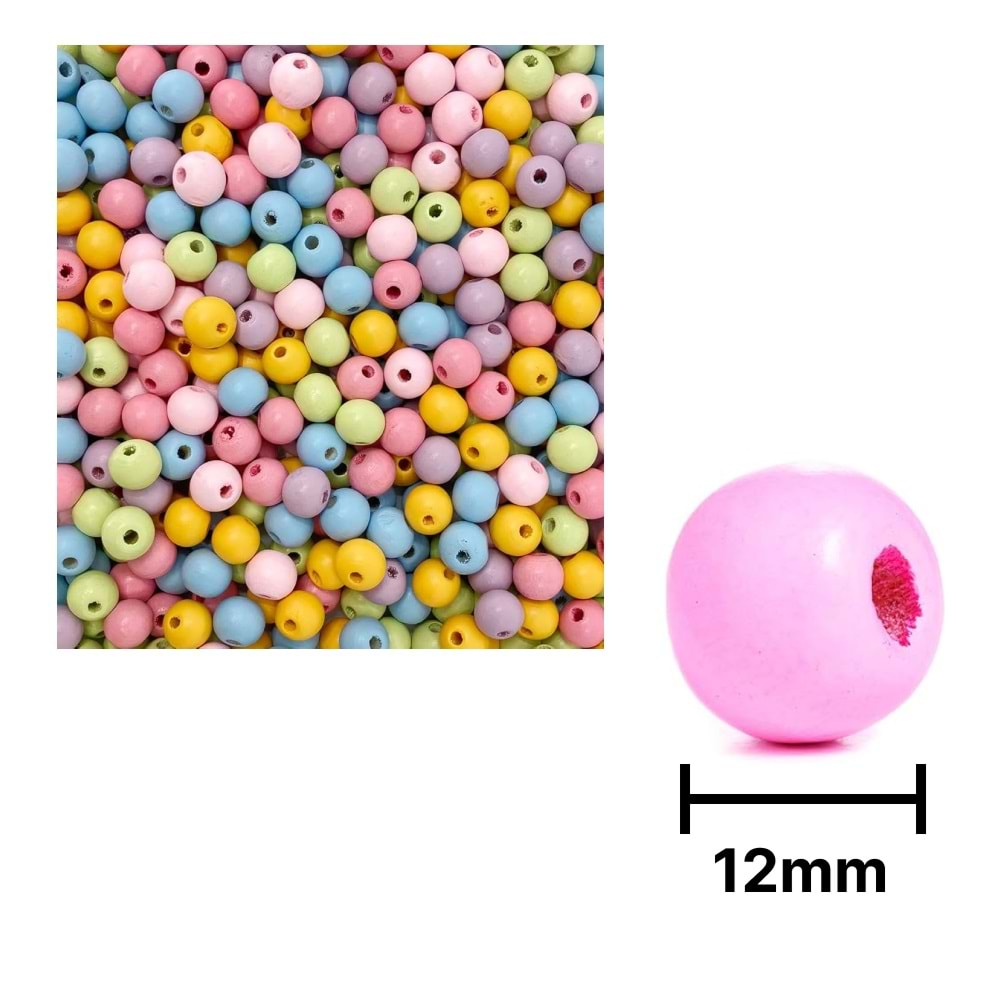 Ahşap Boncuk Pastel Renkli Askılı 12Mm Yuvarlak