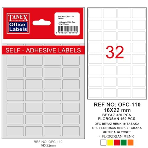 Tanex Ofis Etiketi 16X22Mm 10 Lu Ofc-110 Beyaz